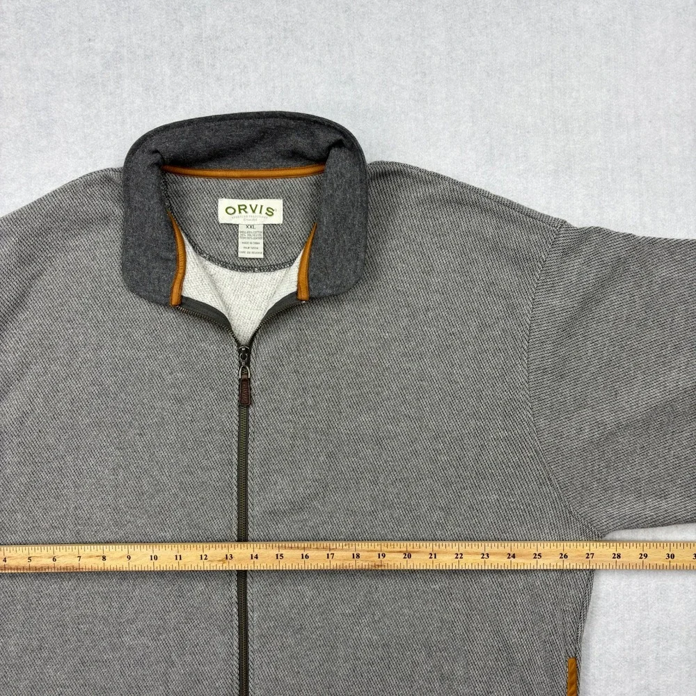 Orvis Mens Heavyweight Full Zip Jacket Sweatshirt Leather Elbow Patches Gray XXL